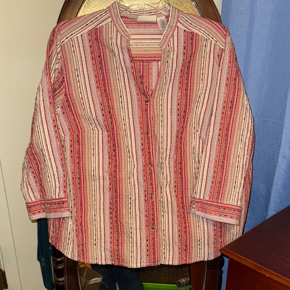 Alfred Dunner Red and White Striped Button Down Shirt